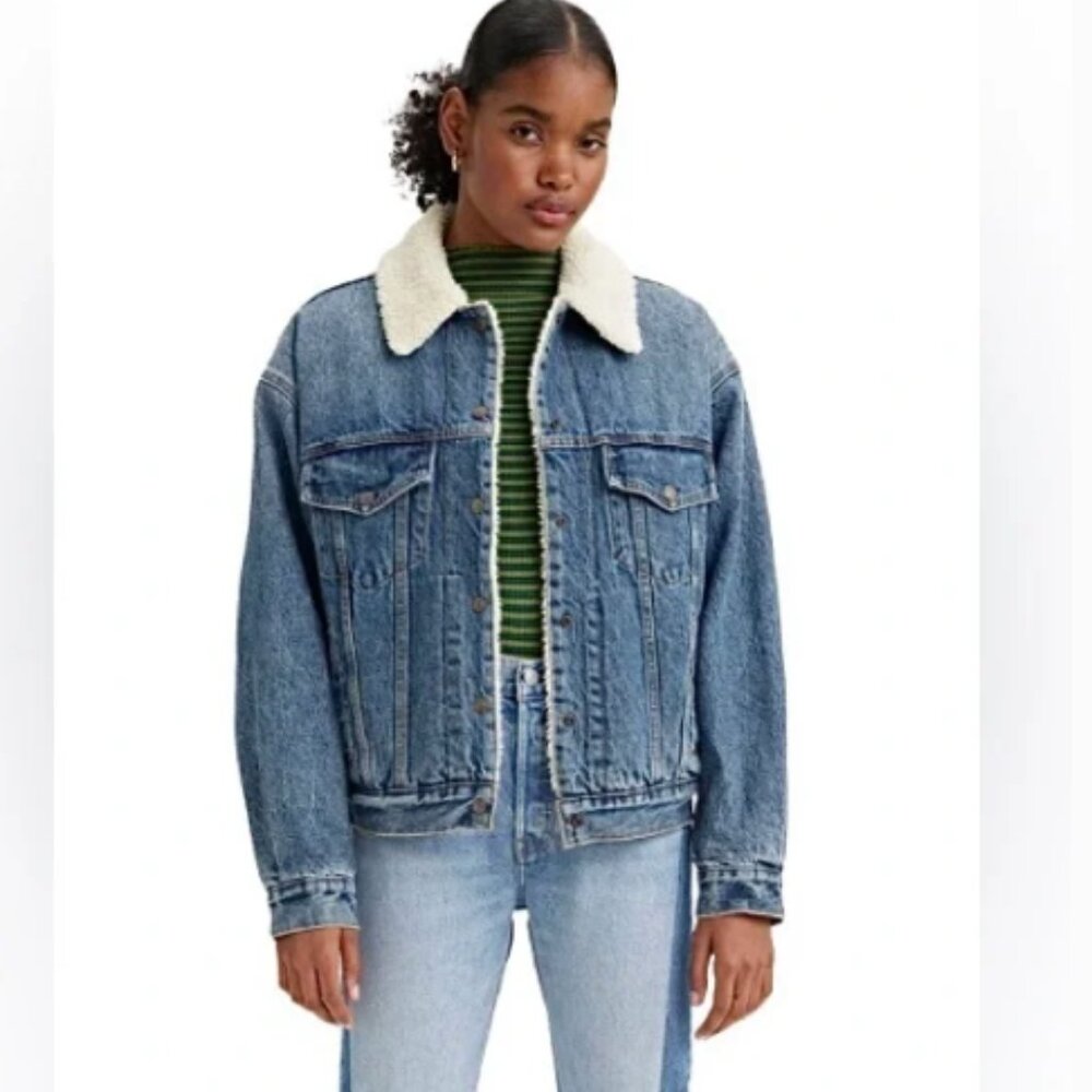 Levi's Sherpa Denim Trucker Jacket Premium Levi's Snap Buttons Size Small